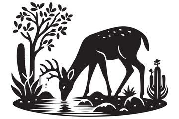 Deer Drinking Water Silhouette Vector Desert Wildlife Illustration Art