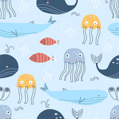 Seamless pattern with whales, mussels, and fish on a blue background. Sea pattern. Vector illustration for printing. Cute baby background