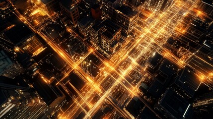 Aerial View of City at Night, Illuminated Streets and Buildings
