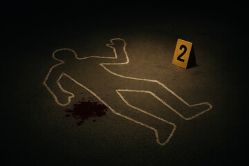 A dramatic crime scene featuring a chalk outline of a body with a bloodstain and a numbered evidence marker on a dark surface.