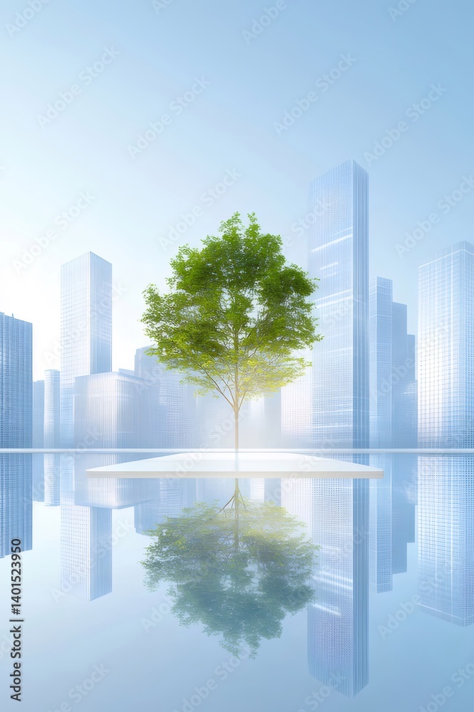 Poster 緑豊かな木が輝く都市の未来的な風景 青い空と水面の反射が美しい 建築と自然の融合