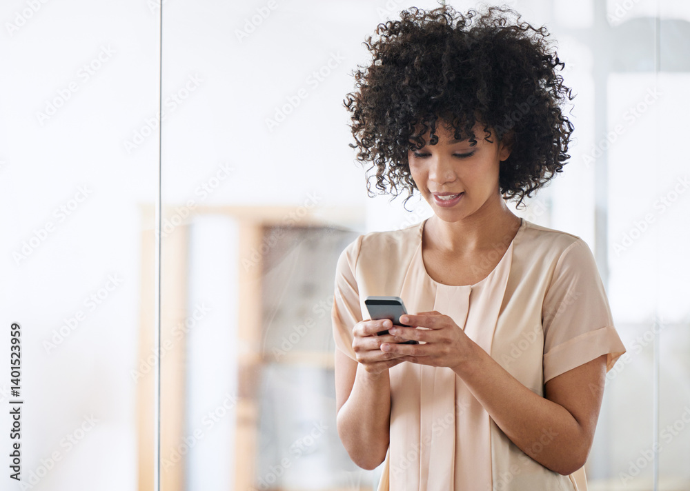 Poster reading, mobile and business woman in office for sending email, networking or browsing website. prof