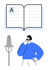 Open book with A on page, corn stalk, man thinking with hand on chin. Ideal for education, learning, agriculture, sustainability, knowledge reflection environment. Flat simple metaphor
