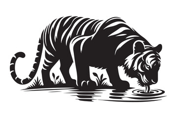 Tiger Drinking Water Silhouette Illustration Vector Graphic Design