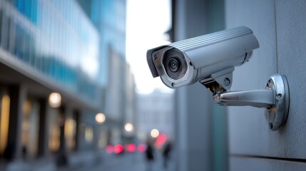 A sleek security camera mounted on a modern building wall, monitoring the surroundings in high resolution.