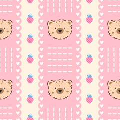 Kawaii Seamless pattern berry and strawberries in pastel colors. Vector bg for Valentine Day, children clothing, nursery items, and wrapping paper