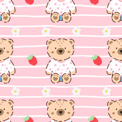 Cute teddy bear vector seamless pattern with kawaii style. Bg for nursery textiles and children clothing and textile prints