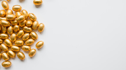 Golden foil wrapped chocolate eggs on white background
