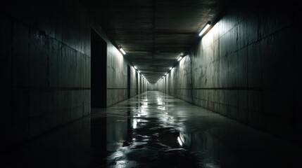 Abandoned tunnel corridor melancholic dark background. Generative AI technology.