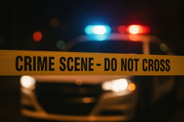 A night-time crime scene marked by yellow tape and a police car with flashing lights, evoking tension and urgency in a dramatic urban setting.