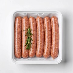 Grilling season mockup featuring fresh sausages with rosemary in a plastic tray on a white background