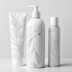 set of skincare products with botanical design on white background
