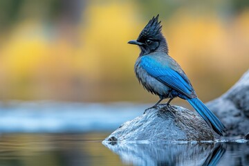 Steller's jay perched near Eagle Lake in South Lake Tahoe, with the colorful bird standing out against the calm waters in the background.
