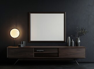 White mockup of a blank poster frame on the wall above a wooden TV stand in a dark room with a modern interior, a sideboard, and a lamp