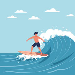 Surfer skillfully riding a vibrant wave under a bright sky in flat vector illustration