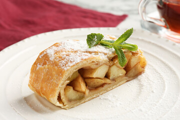 Piece of tasty apple strudel with powdered sugar and mint on table, closeup