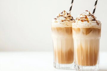 Two glasses of iced coffee milkshake served on a white background, perfect for refreshing beverages and summer vibes.