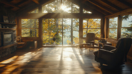 Sunbeams stream through large illuminating a cozy rustic wooden cabin living room featu hardwood floors armchairs fireplace and autumnal forest views.
