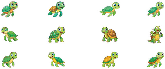 Adorable Cartoon Turtles Collection: Diverse Poses and Expressions, Perfect for Kids' Designs and Illustrations