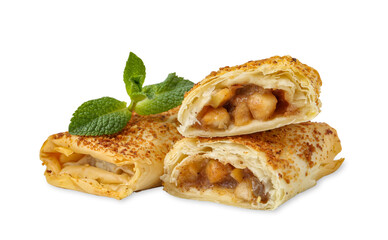 Tasty apple strudels and mint isolated on white