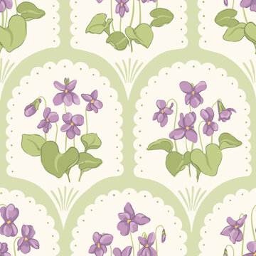 Vintage violet medallion vector seamless pattern with fan-shaped frames and scalloped edges. Nostalgic botanical country core design perfect for cottage-inspired textiles. Spring garden floral print