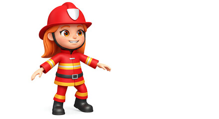 Illustration of a smiling, animated child dressed in a red firefighter uniform and hat with a white background and copy space.