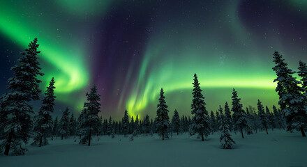 Fototapeta premium Colorful Northern Lights Shining Above a Frozen Pine Forest Under a Clear Sky