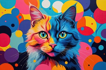 Vibrant Abstract Cat Painting with Circular Sunglasses on Canvas