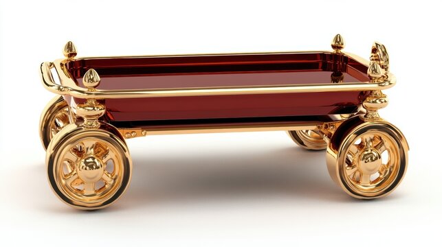 This luxurious cart features a rich red interior with ornate golden trimmings, perfect for showcasing products in upscale settings or as a decorative piece in photography
