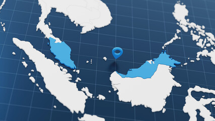 Blue Malaysia 3d map with pointer pin surrounded with other countries in white. Political map with borders. 3d render illustration