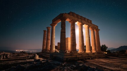 Obraz premium Ancient Greek temple under starry night sky with moonlight illuminating ruins.