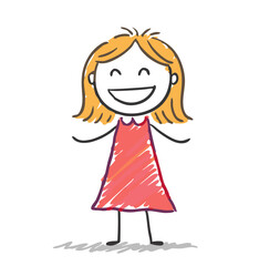 Happy girl smiling in a red dress against a white background  