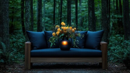 Fototapeta premium A serene outdoor scene features a cozy navy couch adorned with vibrant yellow flowers in a black vase, set amidst a tranquil forest, This image is ideal for relaxation, nature-themed projects