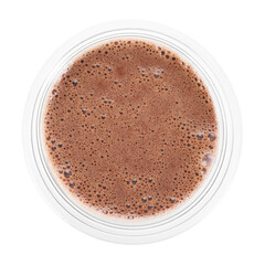 Tasty chocolate milk in plastic cup isolated on white, top view