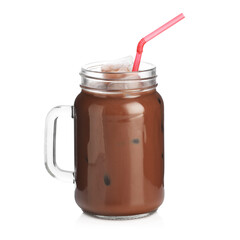 Tasty chocolate milk in mason jar isolated on white