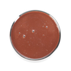 Tasty chocolate milk in glass isolated on white, top view