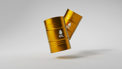 Two floating gold metal oil barrels on white background. Front view with shadow. Falling fuel tanks. Oil industry concept. 3d render illustration