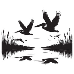 Obraz premium Pelican Birds Silhouette Flying Over Water Wildlife Nature Illustration