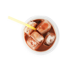 Tasty chocolate milk in plastic cup isolated on white, top view