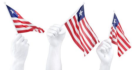 Hand holding flag of Liberia. Isolated 3d Rendering