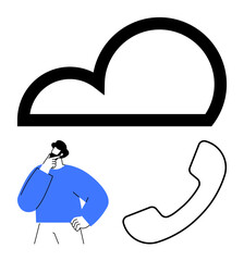 Man thinking near large cloud and phone receiver emphasizes digital cloud services, communication, and data ideas. Ideal for technology, innovation, connection, support, thinking, cloud-based tasks