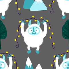 Winter monsters seamless Christmas yeti pattern for wrapping paper and fabrics