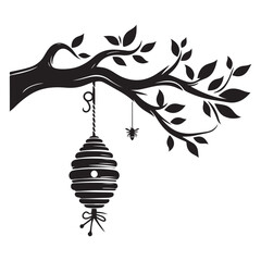 Detailed Beehive Hanging Silhouette from Branch Vector Illustration