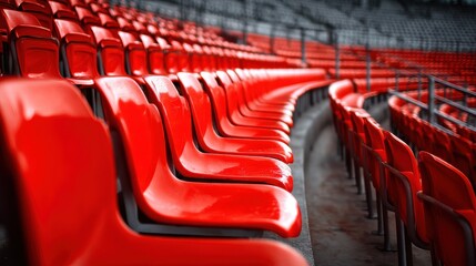 Fototapeta premium Bright Red Stadium Seats, Empty Rows, Copy Space - Stock Photo.