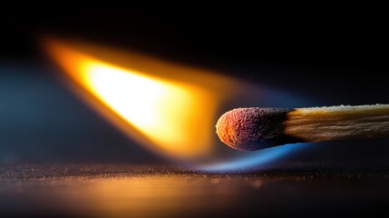 Burning matchstick with bright flame, close-up macro shot. Energy and ignition concept.
