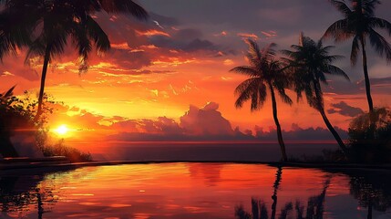 Tropical Sunset Paradise: Palm Trees Silhouetted Against a Fiery Sky