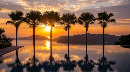 Obraz premium Tropical Paradise: Palm Trees, Infinity Pool, and Stunning Sunset Reflection
