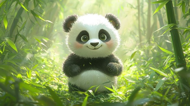 Adorable Baby Panda in Bamboo Forest: A Digital Art Masterpiece