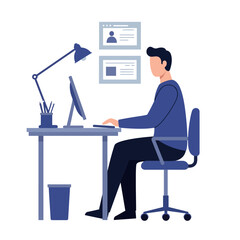 A young man working diligently at a modern desk with a computer lamp and organizational items in a flat vector illustration
