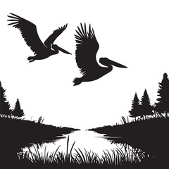 Pelican Silhouette Flying Illustration Over Wetlands Vector Artwork